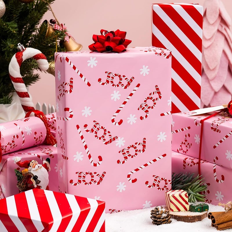MAYPLUSS Christmas Gift Wrapping Paper Roll - 17 Inch X 33 Feet - Reversible Pink Candy Cane and Stripe Design for Winter Gift Wrap, DIY Craft, Christmas, Party, Holiday and Birthday - Image 2